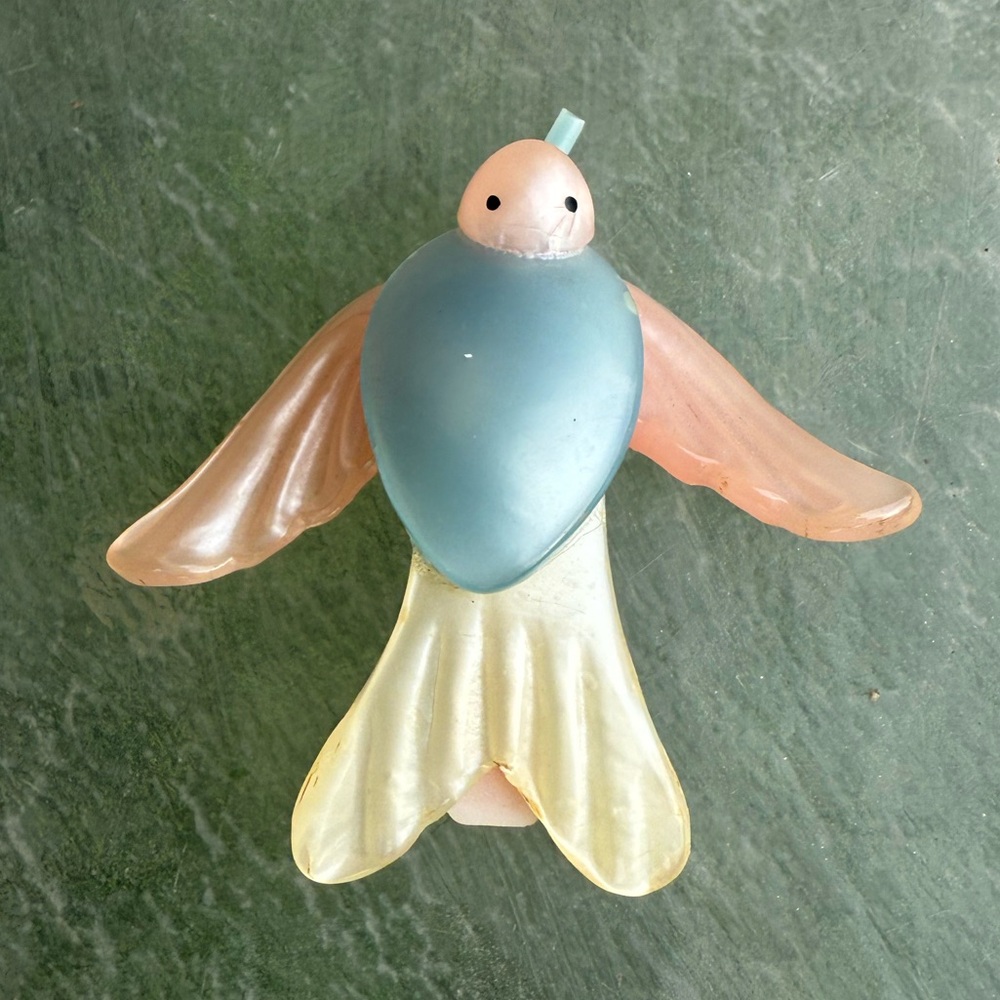 Vintage Pink, Blue, and Yellow C-Clasp Lucite Plastic Bird Pin brooch 1950s